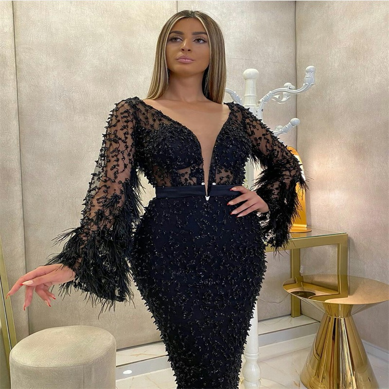 Sexy High V-neck Prom Dresses Chic Beaded Feather Appliqued Lace Mermaid Evening Dress Long Sleeves Special Formal Party Dresses