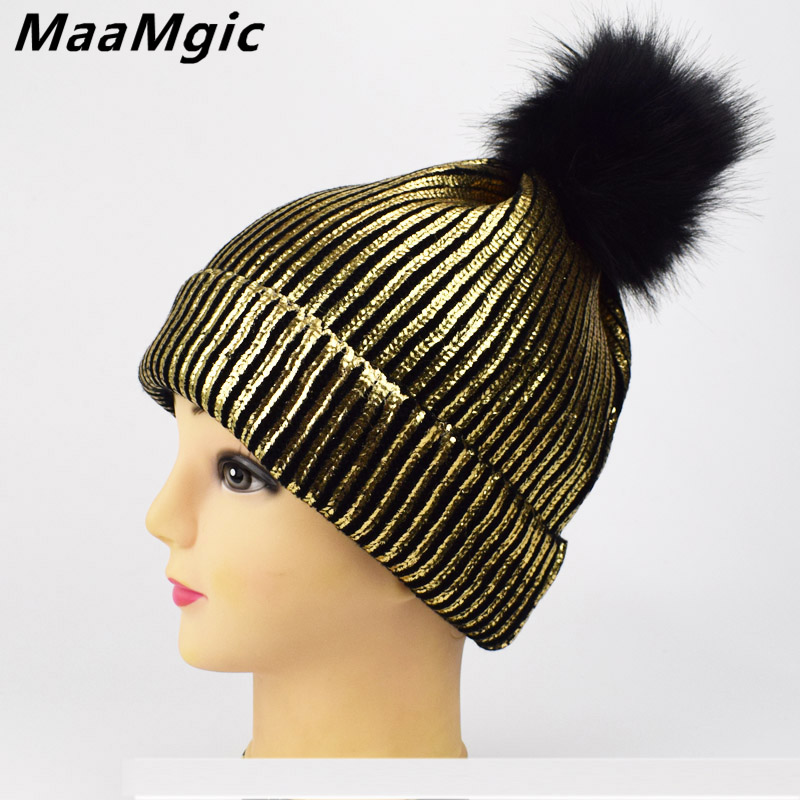 

New Fashion bronzing gold and silver with caps pompon hat for women winter knitting warm hats female skullies beanies 2020gift