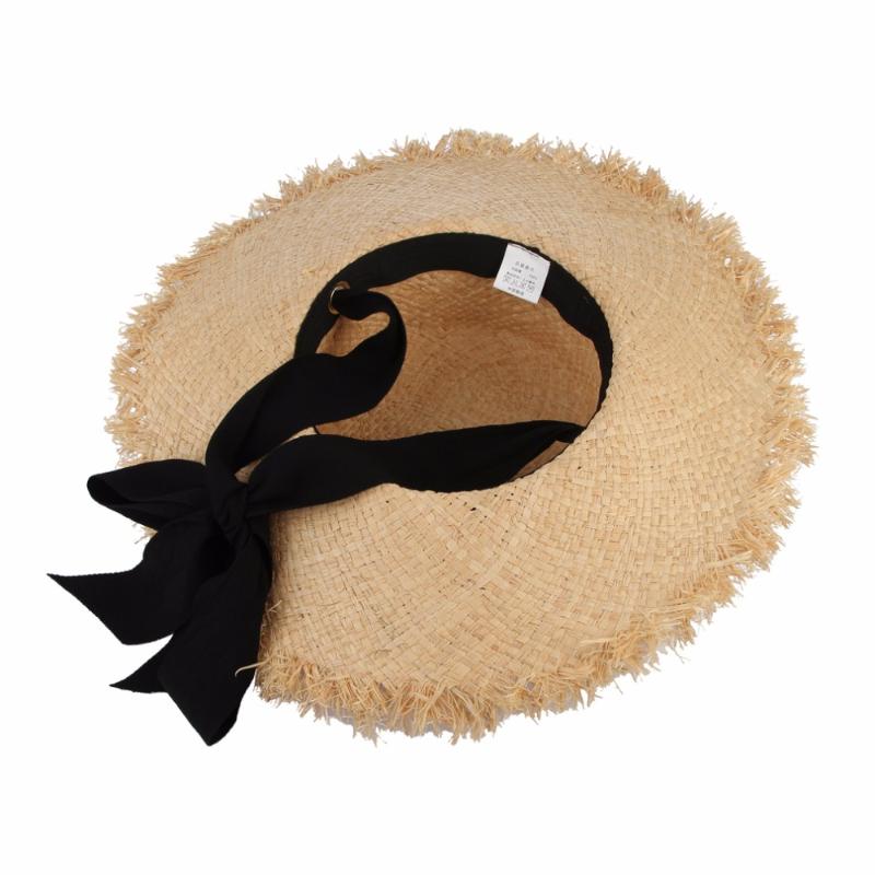 Handmade Weave Raffia Sun Hats For Women Black Ribbon Lace Up Large Brim Straw Hat Outdoor Beach Summer Caps Chapeu Feminino