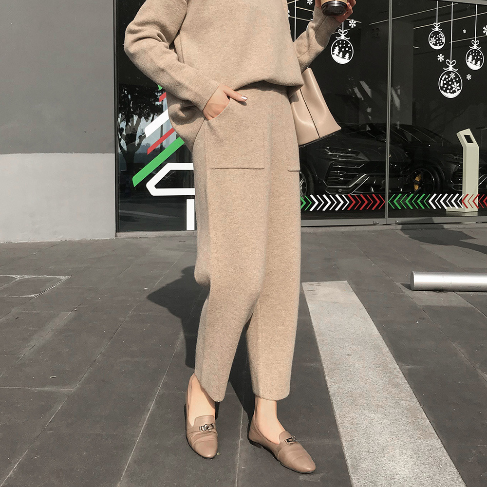 Women Autumn Winter Knitted Sweater 2 Two Piece Set Casual Tracksuit Round Collar Jumpers with High Waist Wide Leg Pants T200916