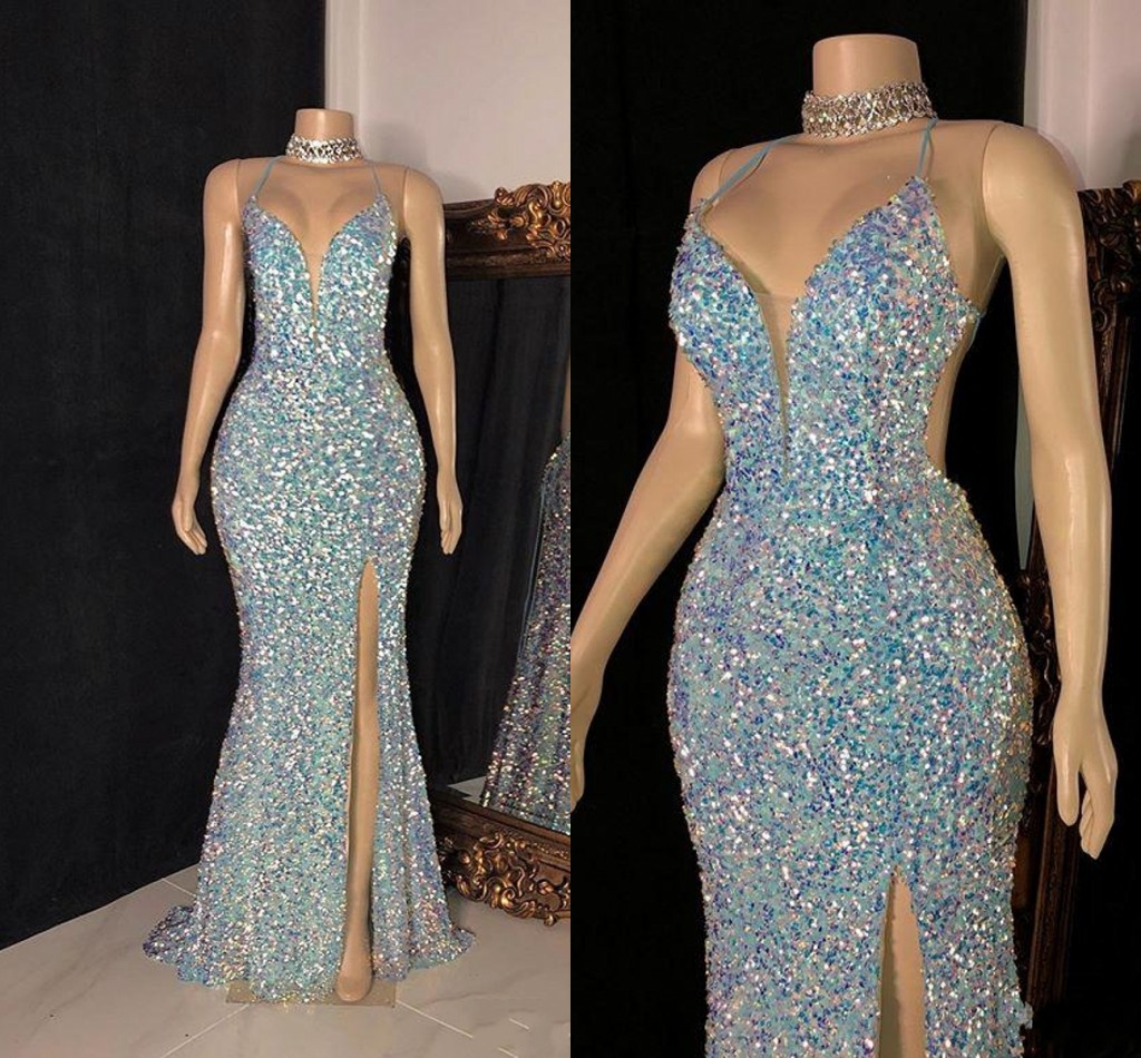 Candy Color Sparkly Sequined Evening Dresses 2021 Sexy Spaghetti Mermaid Long Slit Trumpet Prom Dress Wear Robe de soirée