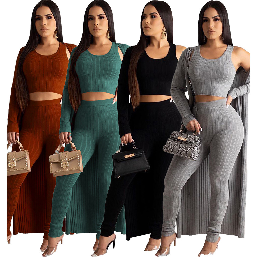 Autumn Winter 3 Piece Matching Set Women Tank Crop Top+Pencil Pant+Maxi Open Stitch Sweatsuits Casual Ribbed Three Piece Outfits T200917