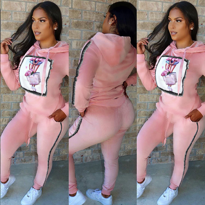 TWO PIECE SET Velvet Women Velour Tracksuit Hoodies Jogger Pants Patchwork Sweat Suits Pattern Sweatsuit Street Warm Winter 2 pc T200916