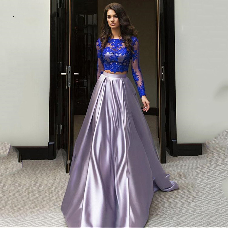 Two Piece A Line Prom Dresses Top Royal Blue Lace Appliques Illusion Long Sleeve Evening Gowns Girls Graduation Party Homecoming Dress