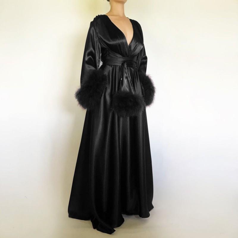 Black Women Bathrobe Nightgown Silk Satin Sleepwear Bridal Robe Bridesmaid Bride Gowns Fur Winter Kimono Pregnant Dress