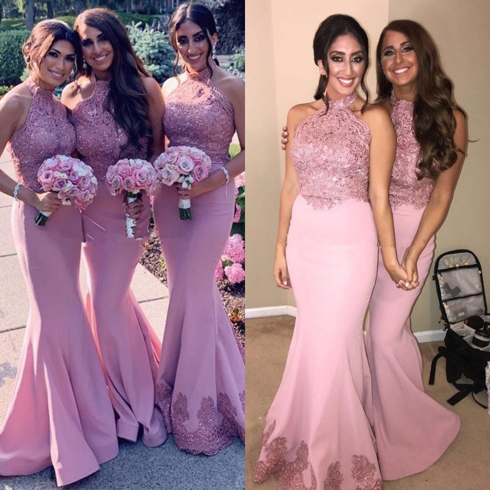 Cheap Arabic African Pink Mermaid Bridesmaid Dresses Halter Lace Appliques Crystal Beads Sleeveless Wedding Guest Gowns Maid Of Honor Dress