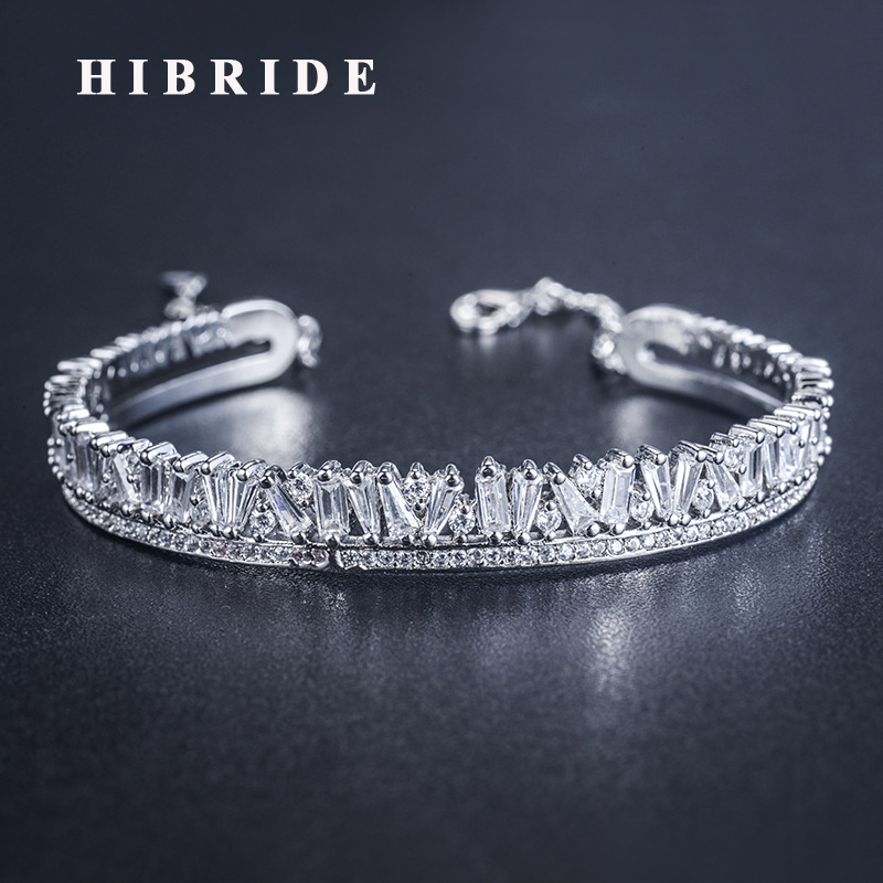 HIBRIDE Luxury Design BrillianT Cubic Zirconia Baguette &Bracelets Jewelry Link Chain Adjustable Size Bracelets B-132