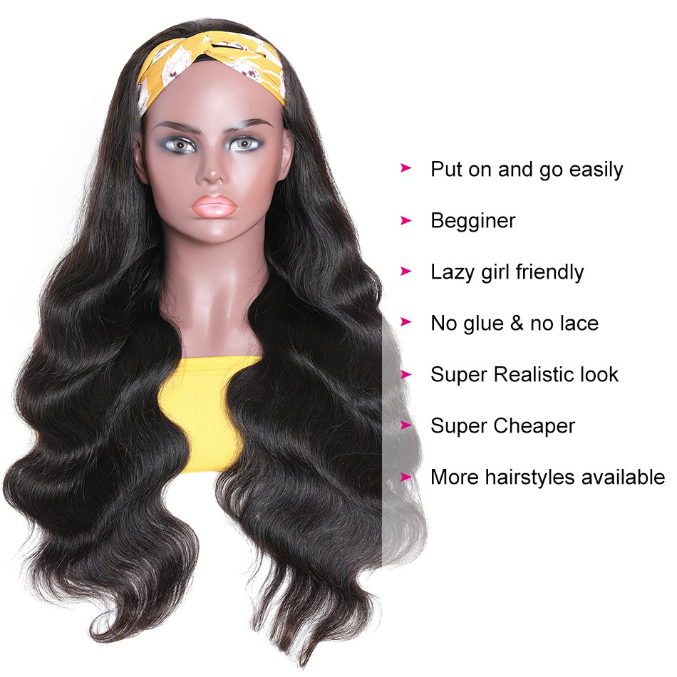 Ishow Human Hair Wigs With Headbands Body Straight Water Headband Wig for Women 8-26inch Kids Loose Deep Curly Natural Color Machine Made None Lace Bo