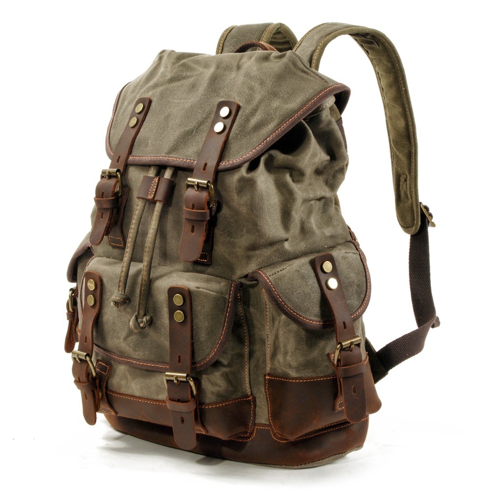 M272 Vintage Canvas Leather Backpacks for Men Laptop Daypacks Waterproof Canvas Rucksacks Large Waxed Mountaineering Travel Pack 200918