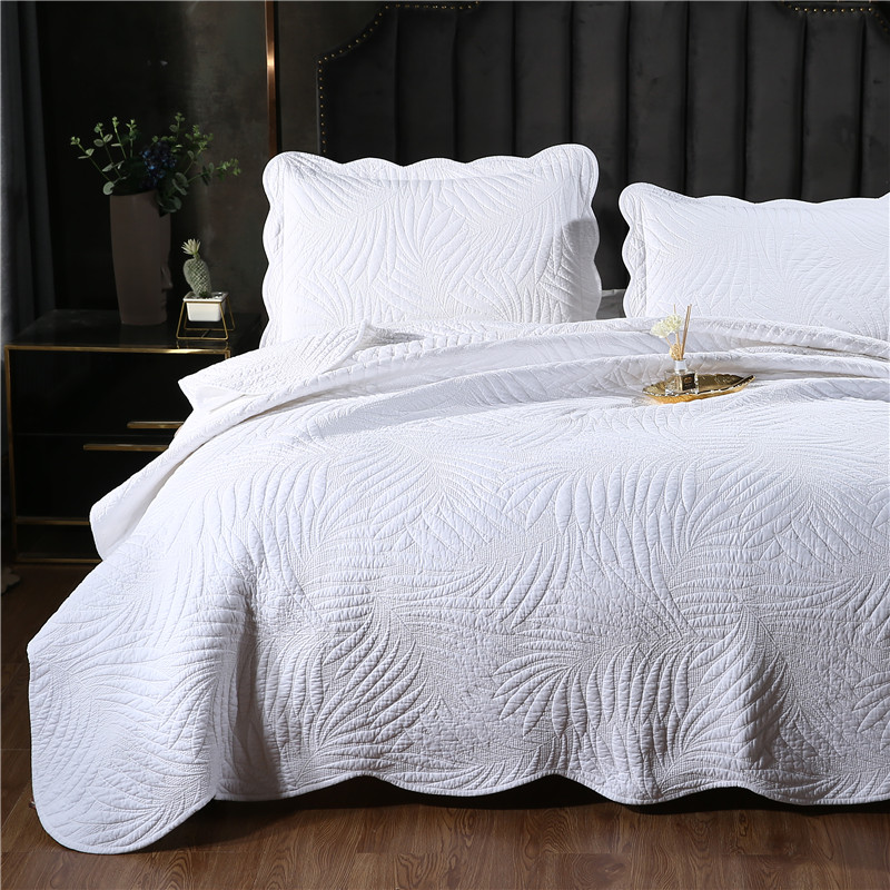 2/3pcs 100%cotton white leaf embroidered patchwork quilt full queen king size bed cover bedspread coverlet free shipping H, As pic