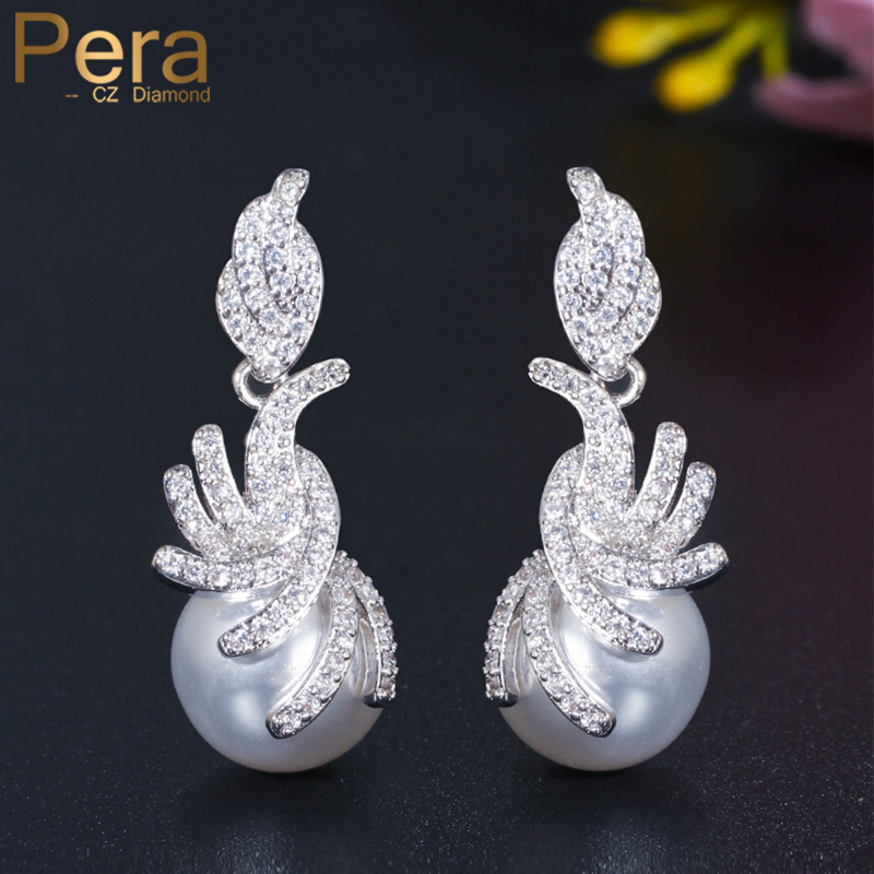 

Pera Full Paved Gorgeous CZ Stone Bridal Simulated Pearl Hanging Drop Earrings for Elegant Women Dress Jewelry Accessories E339