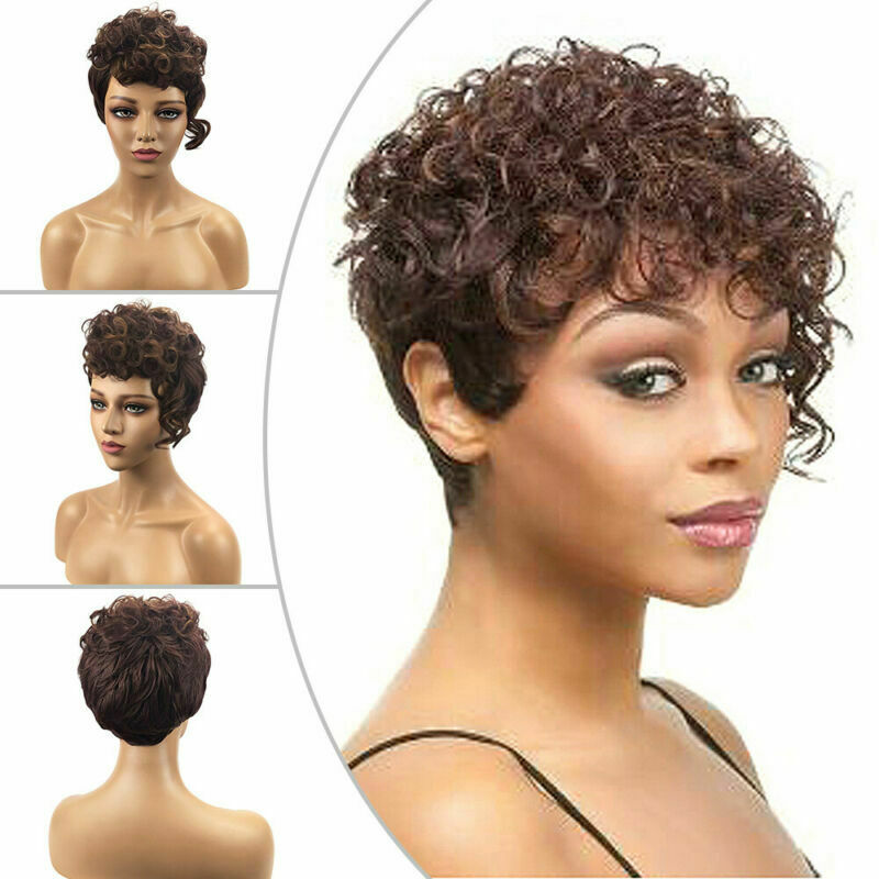 Short Curly Wigs Brown Full Hair Pexie Wig For Black Women African Lady Party