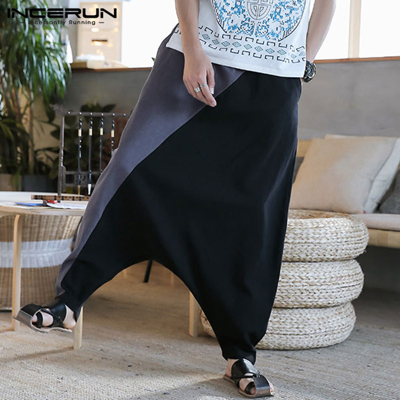 INCERUN Men Harem Pants Patchwork Elastic Waist Joggers Retro Baggy Cotton Trousers Men Casual Drop Crotch Pants Streetwear 200925