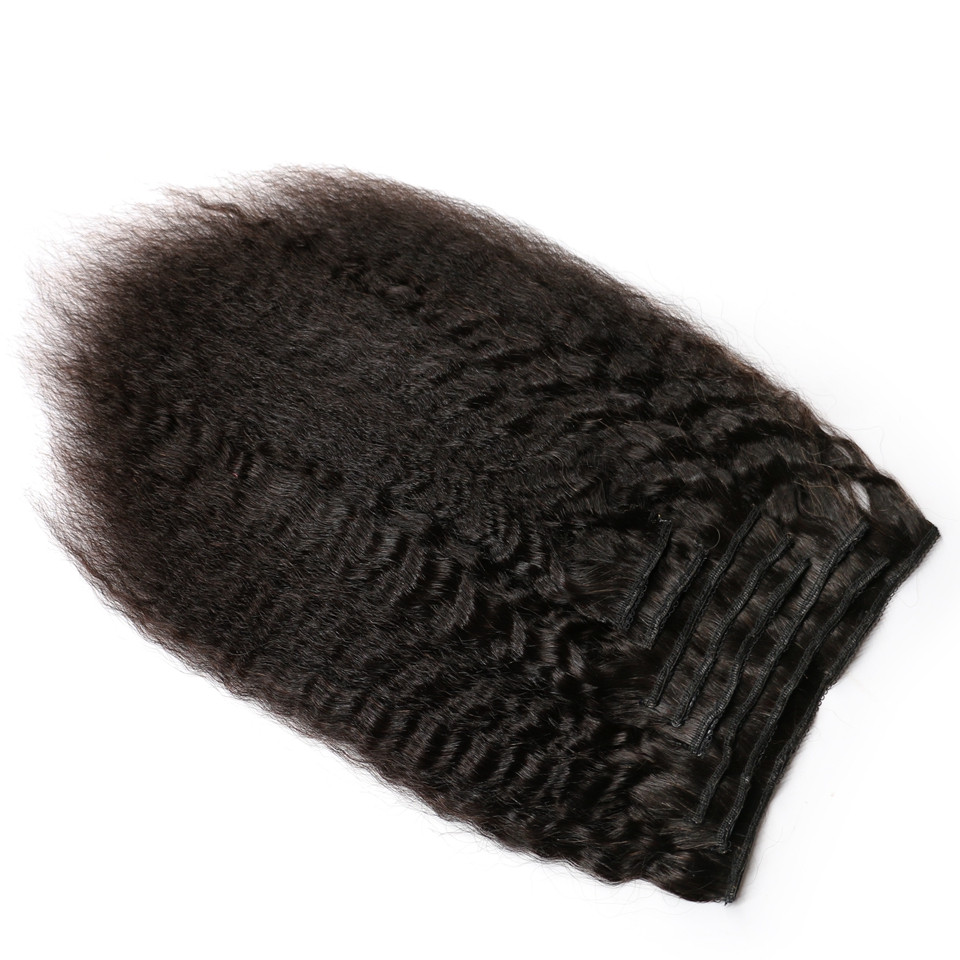 Afro Kinky Straight Clip in Hair Extensions Real Remy Human Hair Natural Black color Yaki Double Weft Clip on Hair Extensions 8pcs/120g