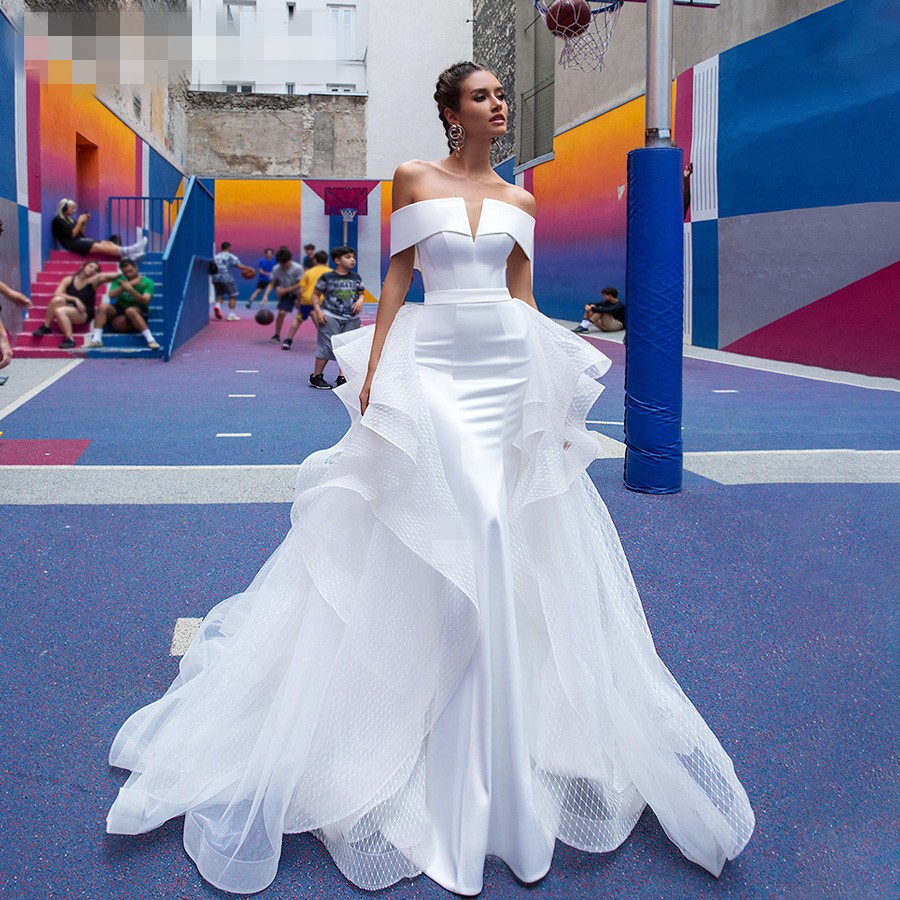 Detachable Mermaid Wedding Dresses 2020 Satin two pieces Elegant Boat Neck ETHEL ROLYN White Bride Gowns Customized Vestido De Novia