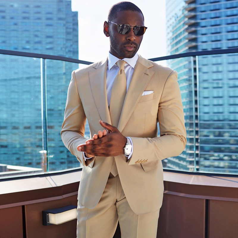 Handsome Beige Two Pieces Mens Suits Slim Fit Wedding Grooms Tuxedos Notched Lapel Formal Blazer Custom Made Prom Suit (Jacket+Pants)