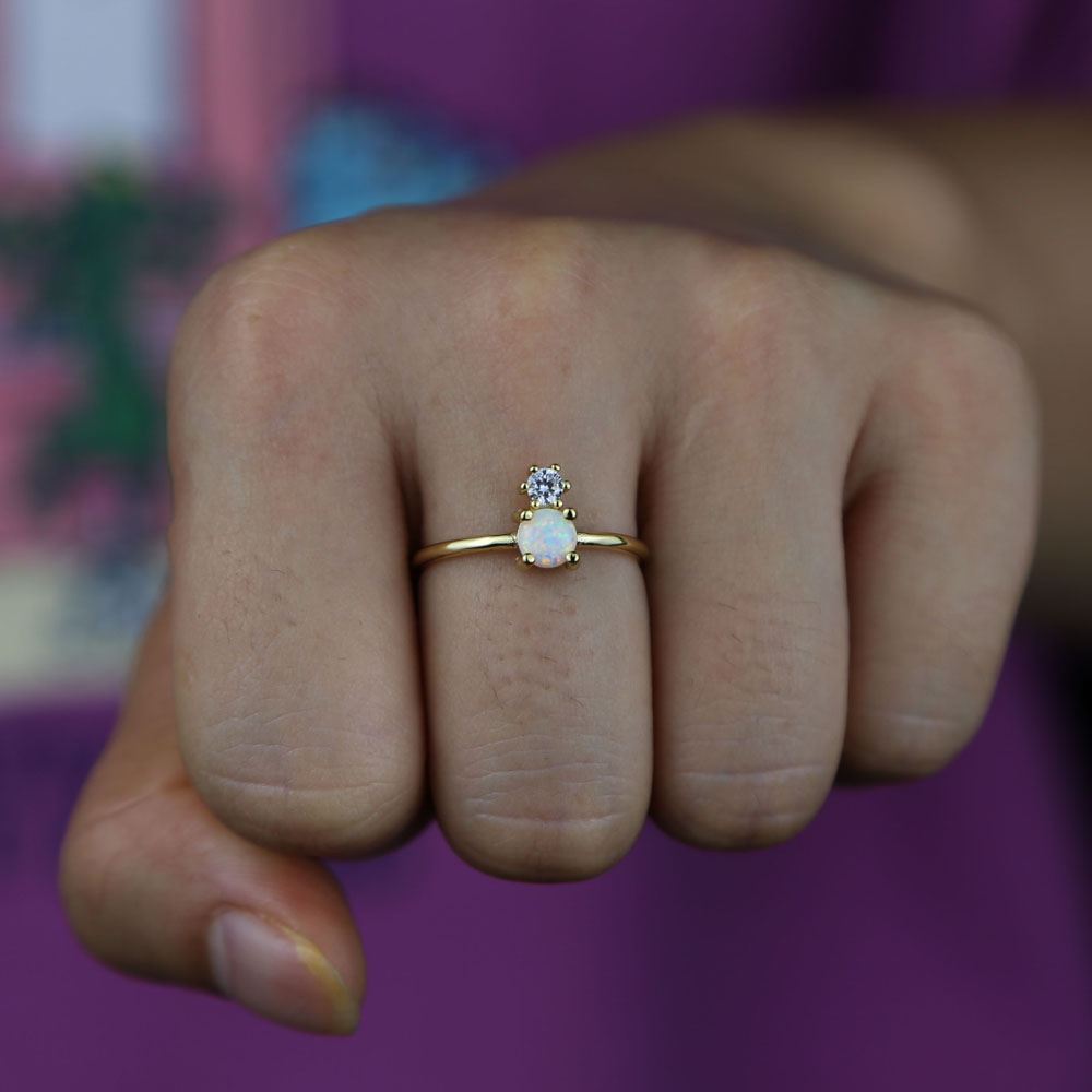 Simple Single Stone Finger Rings Gold Color White Fire Opal Stone stone delicate dainty girl women rings Engagement Love Ring Valentine Gift