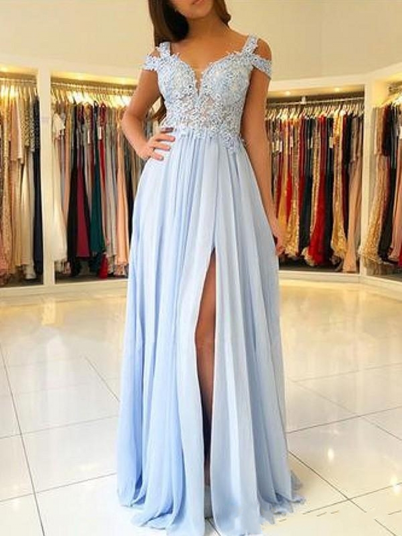 Sky Blue Bridesmaid Dresses With Side Split Off The Shoulder Lace Appliques Chiffon Wedding Guest Dresses Maid Of Honor Gowns