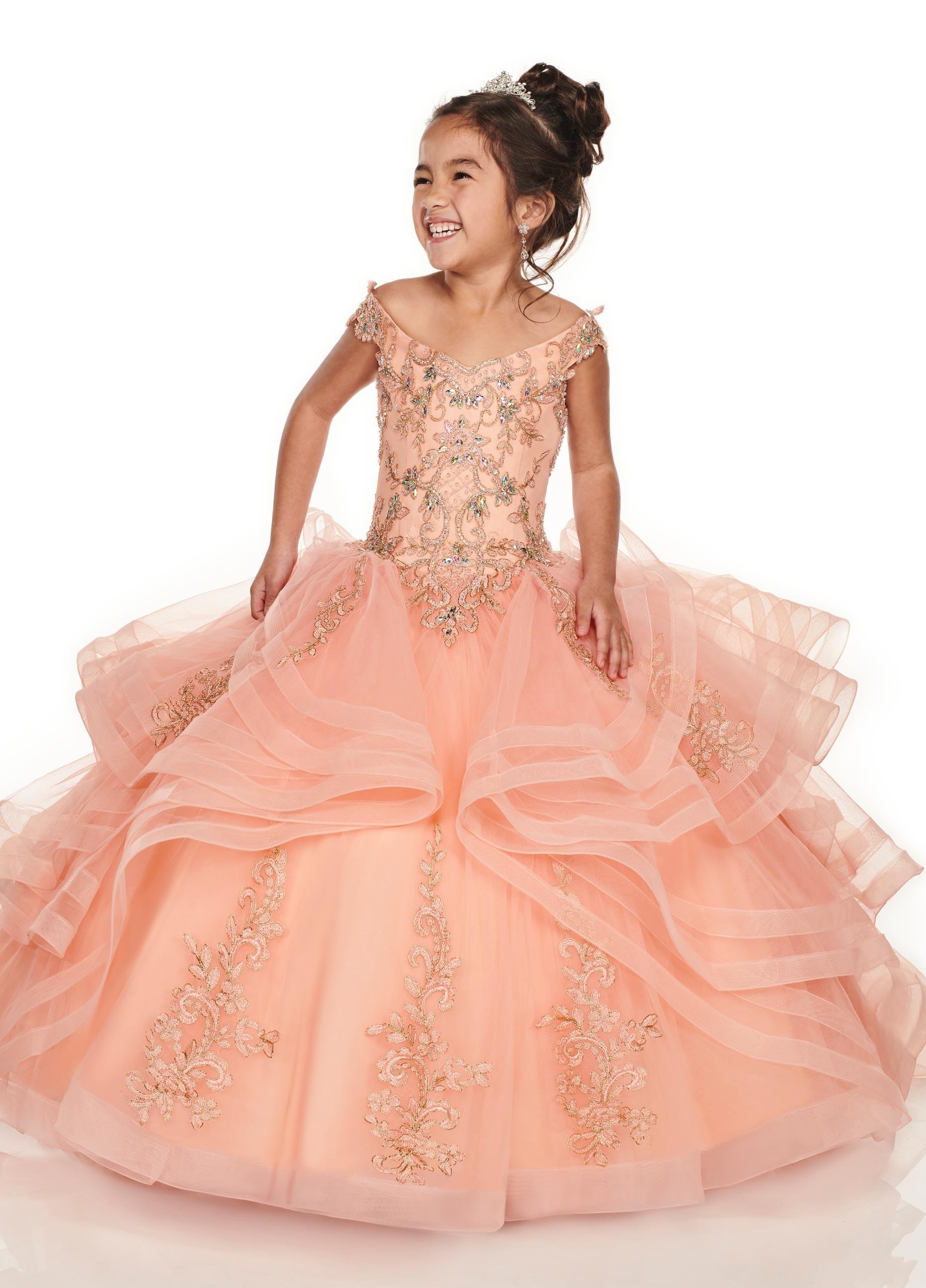 Cheap Royal Blue Peach Girls Pageant Off Shoulder Gold Lace Embroidery Beaded Flower Girl Dresses Kids Wear Birthday Communion Dress
