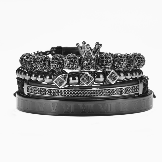 Luxury Gold Braided Adjustable Bracelet Men Male Beads Crown Black Cz Zircon Charm Stainless Steel Jewelry Gift Valentine's Day Christmas