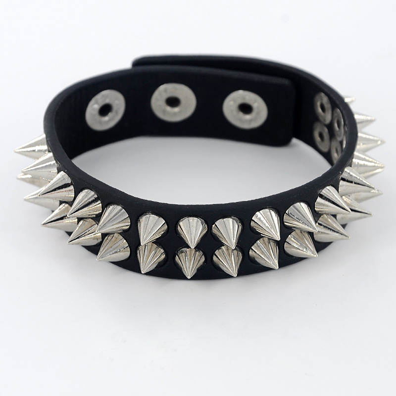 Gothic Delicate Cuspidal Spikes Rivet Cone Stud Cuff Black Leather bracelets & bangles Punk Bracelet for women men jewelry