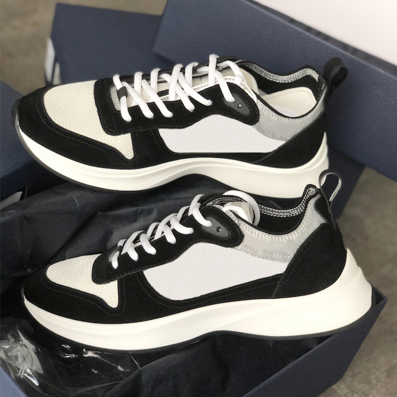 Quality Runner Sneaker Oblique Black Suede Men Platform Shoes 100% Genuine Leather Low Top Mesh and Suede Upper Lace-up Casual Shoes