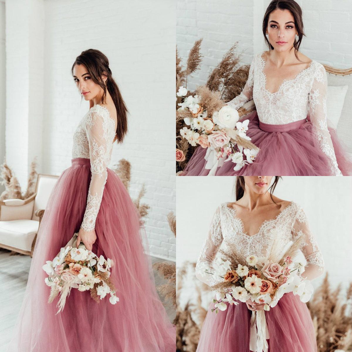 Country 2021 Dresses White And Dusty Pink Tulle V Neck Scalloped Lace Long Sleeves Sweep Train Wedding Gown Hochzeitskleid
