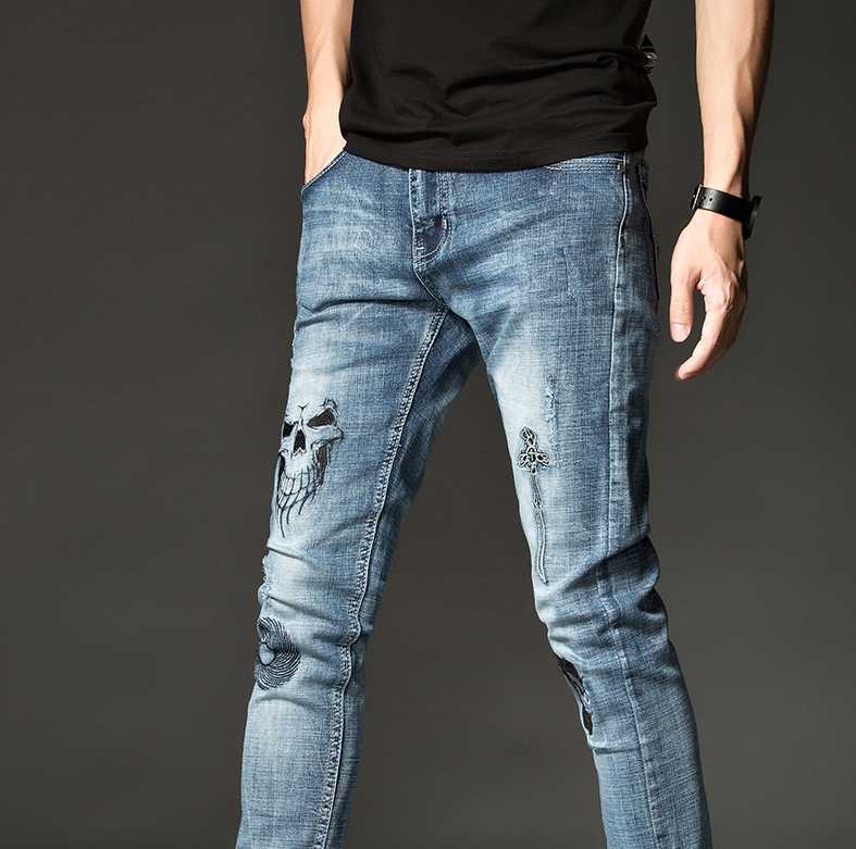 Skull Mens hop-hip Embroidery Soft Stretch Cotton Denim Slim Light Blue Jeans Vintage Casual Streetwear Pants