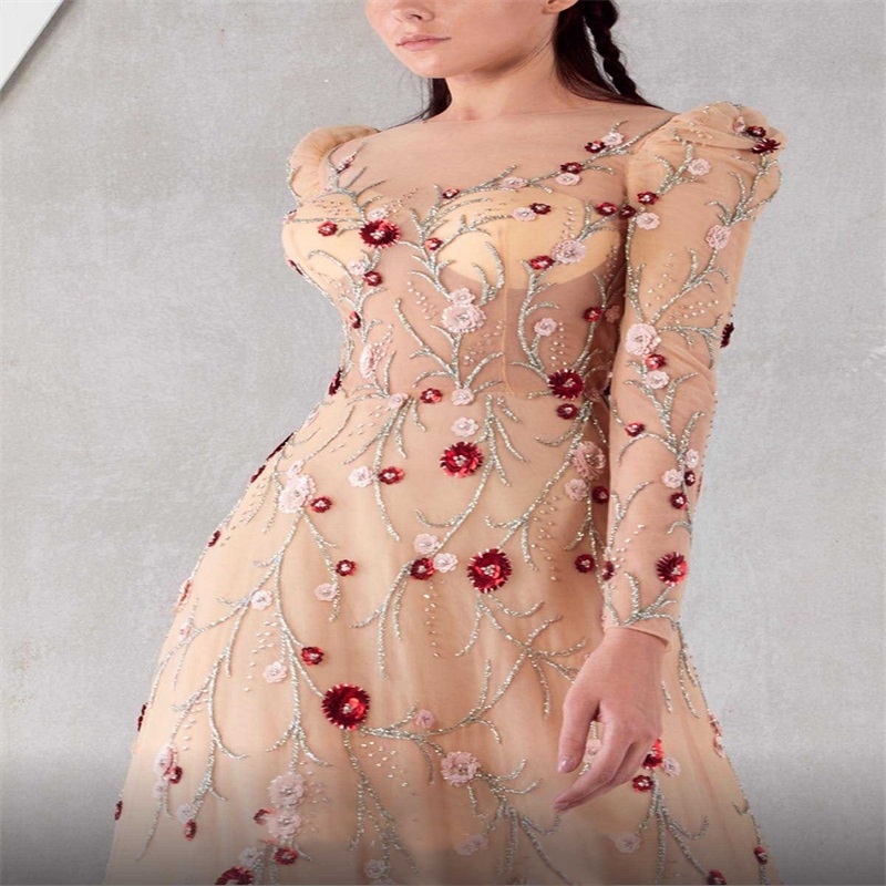 Champagne A-line Evening Dresses Long Sleeves Beads Lace Appliqued Elegant Formal Party Dress Sweep Train Custom Made Newest 2021 Prom Dress