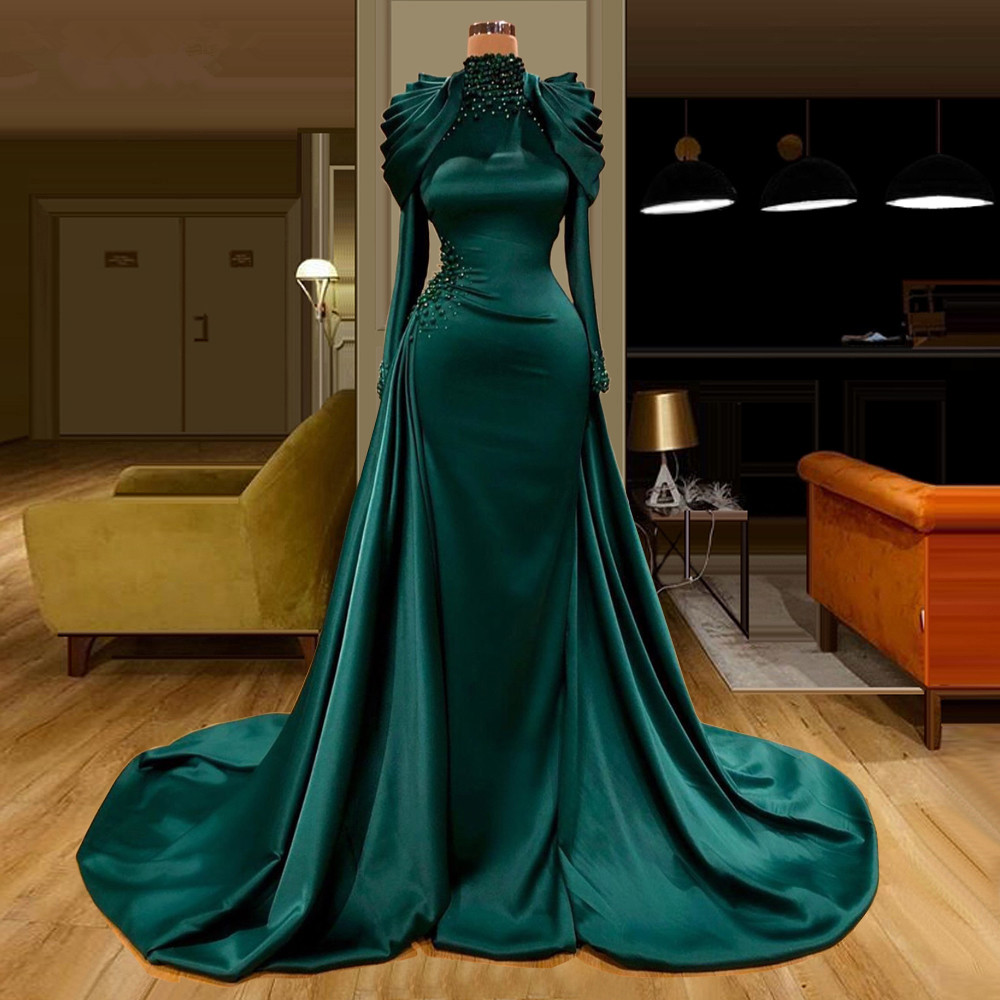 Hunter Green Muslim Evening Dresses 2021 Luxury Crystal Pearls High Neck Long Sleeve Mermaid Beaded Arabic Prom Gowns Vestidos