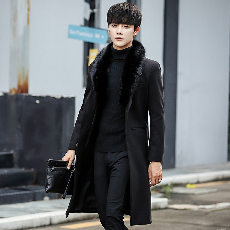 Men's Wool & Blends Winter 2021 Korean Fashion Slim Woolen Overcoat Mid-Length Large Fur Collar Trench Coat