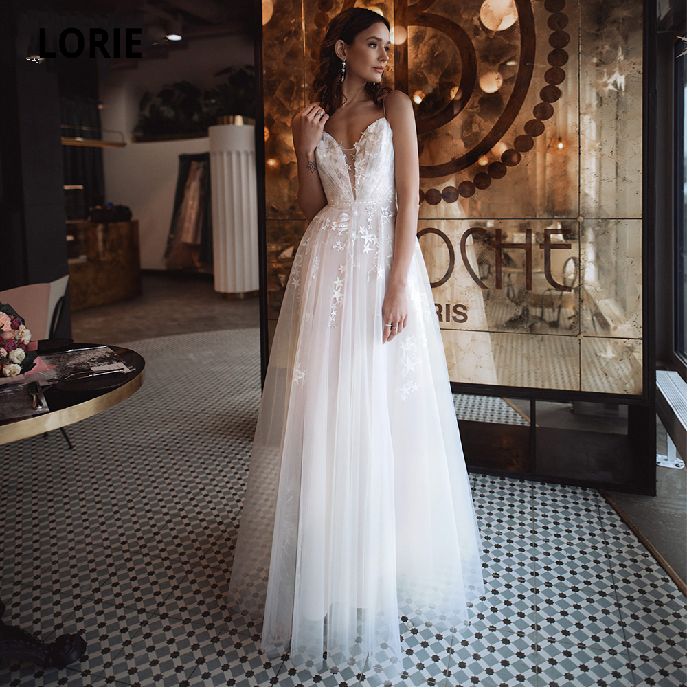 LORIE Deep V-neck A Line Beach Wedding Dress Long Stars Lace Spaghetti Strap Backless Slit Bride Dress Floor-Length Bridal Gowns, White
LORIE Deep V-neck A Line Beach Wedding Dress Long Stars Lace Spaghetti Strap Backless Slit Bride Dress Floor-Length Bridal Gowns, White