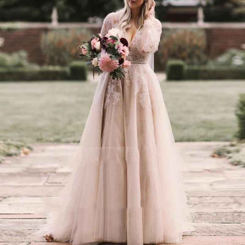 2020 Romantic Champagne Boho Beach Wedding Dresses A Line Illusion Long Sleeves V Neck Bridal Gowns Appliques Lace Country Tulle Bride Dress