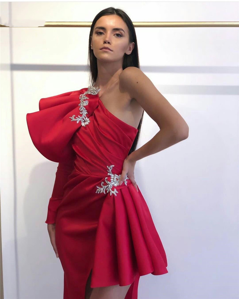 Sexy Red Mermaid Prom Dresses One Shoulder Full Sleeve Special Occasion Dresses Cheap Side HIgh Split Satin Evening Party Gowns Custom Made
