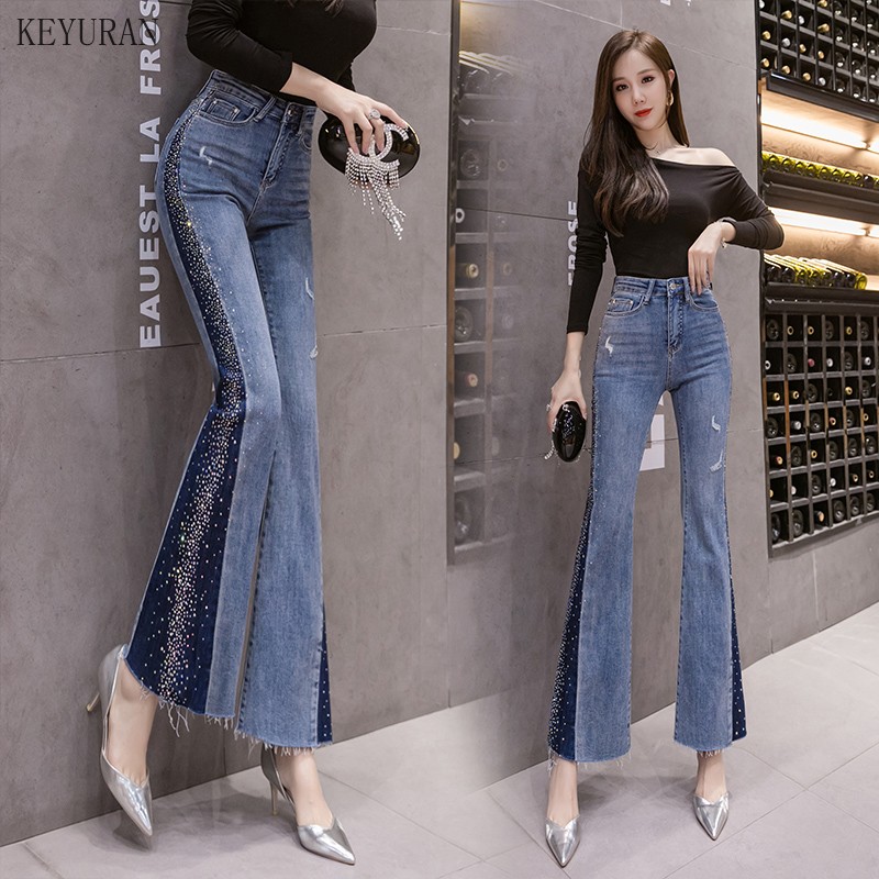 Women High Waist Jeans Mom Boyfriend Slim Nine Flare Pants Trousers 2020 Street Hot Drilling Patchwork Woman Stretch Jeans Denim, Blue
Women High Waist Jeans Mom Boyfriend Slim Nine Flare Pants Trousers 2020 Street Hot Drilling Patchwork Woman Stretch Jeans Denim, Blue