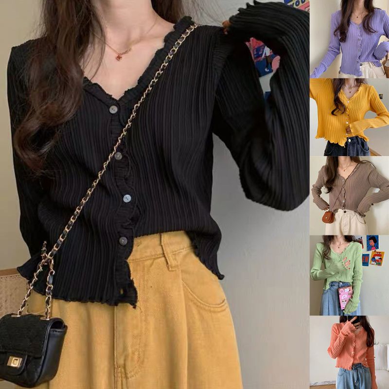 Women Summer Long Sleeve Sunscreen Cardigan Ribbed Knit Ruffles Sweater Crop Top Button Down Solid Color V-Neck Outwear, Orange
Women Summer Long Sleeve Sunscreen Cardigan Ribbed Knit Ruffles Sweater Crop Top Button Down Solid Color V-Neck Outwear, Orange