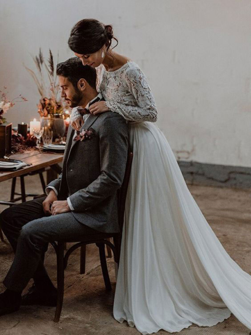 2023 Boho Beach Wedding Dresses Bridal Gown Two Piece A Line Sexy Backless Long Sleeve Court Train Lace Chiffon Country Bride Dress