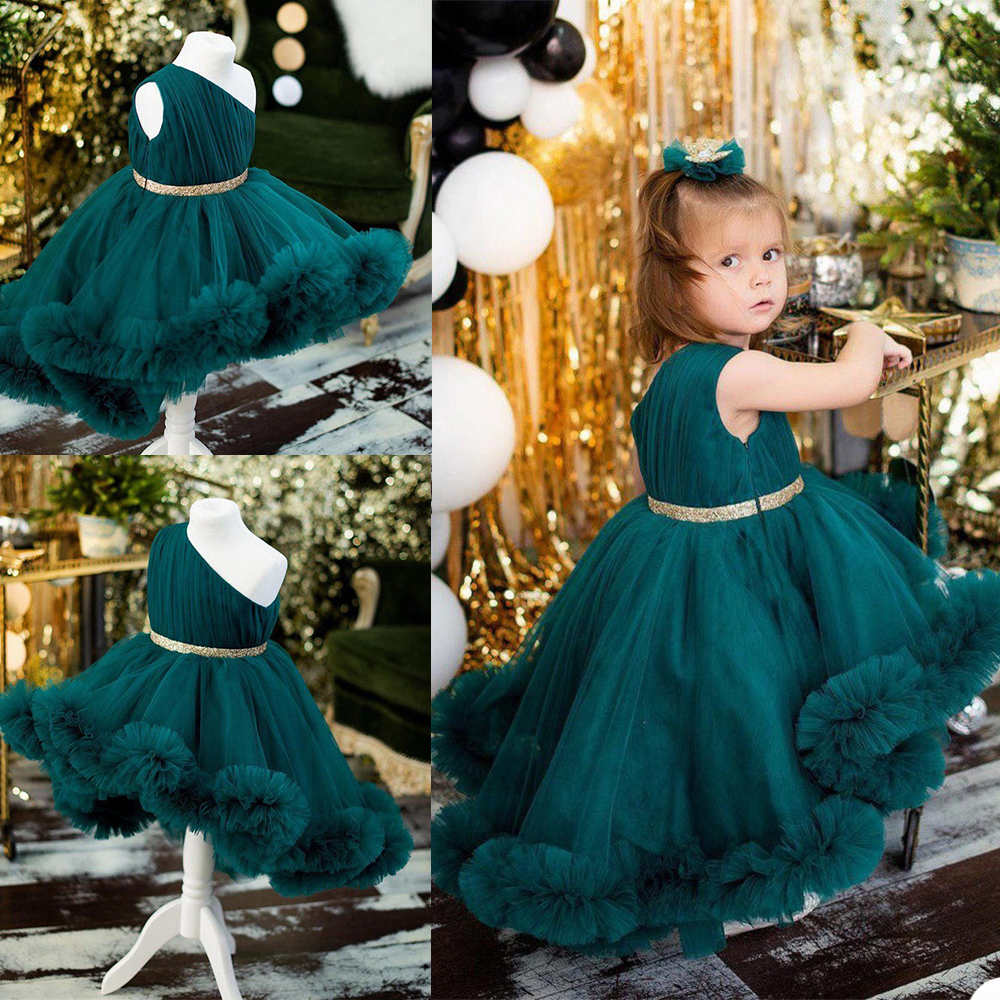 Hi-lo Hunter Green Girl's Pageant Dresses Ruffle One Shoulder Girls Birthday Party Gowns Custom Made Pleats Flower Girl Dress