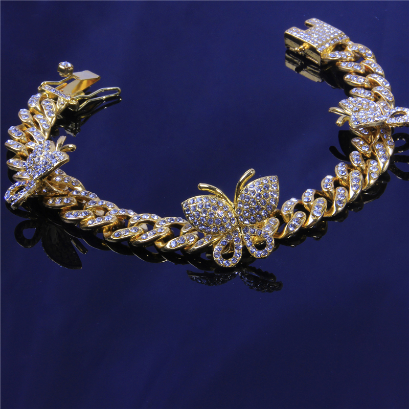 Cuban Link Butterfly Anklets Women Iced Out Tennis Chain Leg Bracelet Beach Anklet Bling Rhinestone Fashion Hip Hop Feet Jewelry A