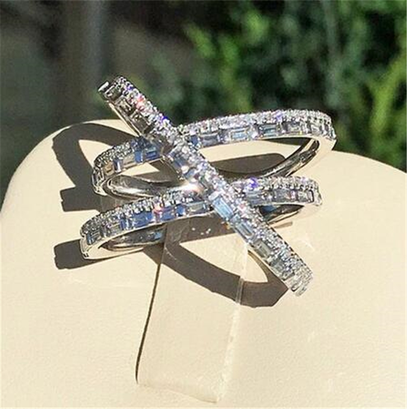 Vecalon Original 925 Sterling Silver Cross Line Ring T shape Diamond cz Engagement Wedding Band Rings for women Bridal Fine Party Jewelry