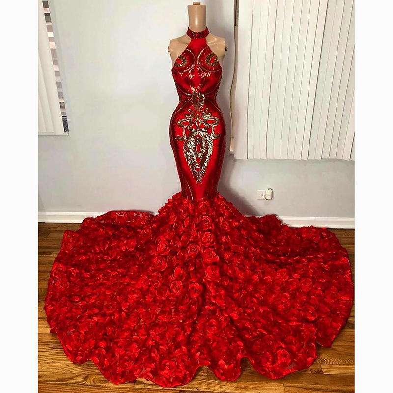Elegant Red Mermaid Prom Dresses For Black Girl Africa Sparkly Gold Sequin Applique 3D Floral Formal Evening Gown vestidos