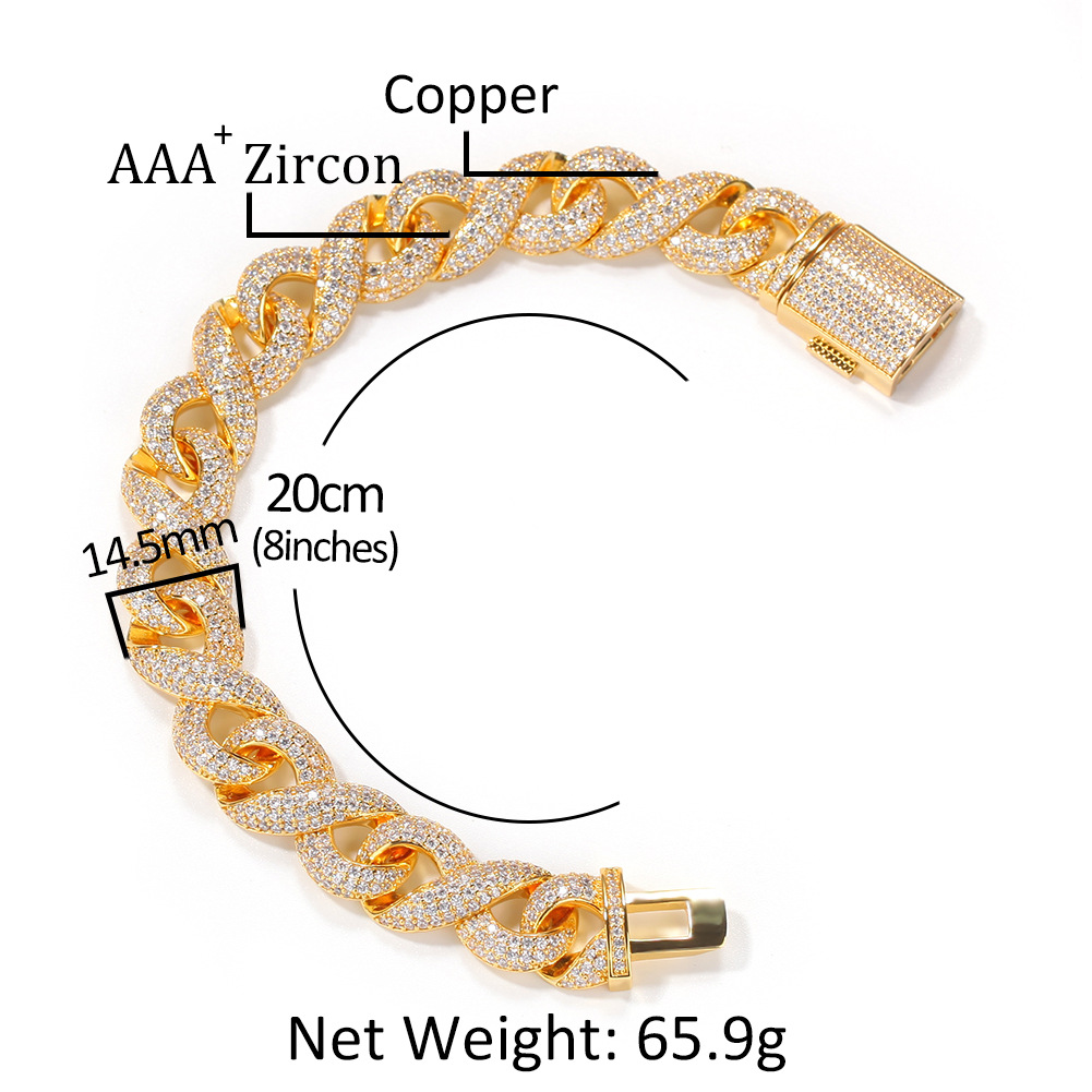 14mm Mens Chain Link Hip Hop Geometry Necklace High Quality Shining Zircon Bling Real Gold Plated Tennis Chain