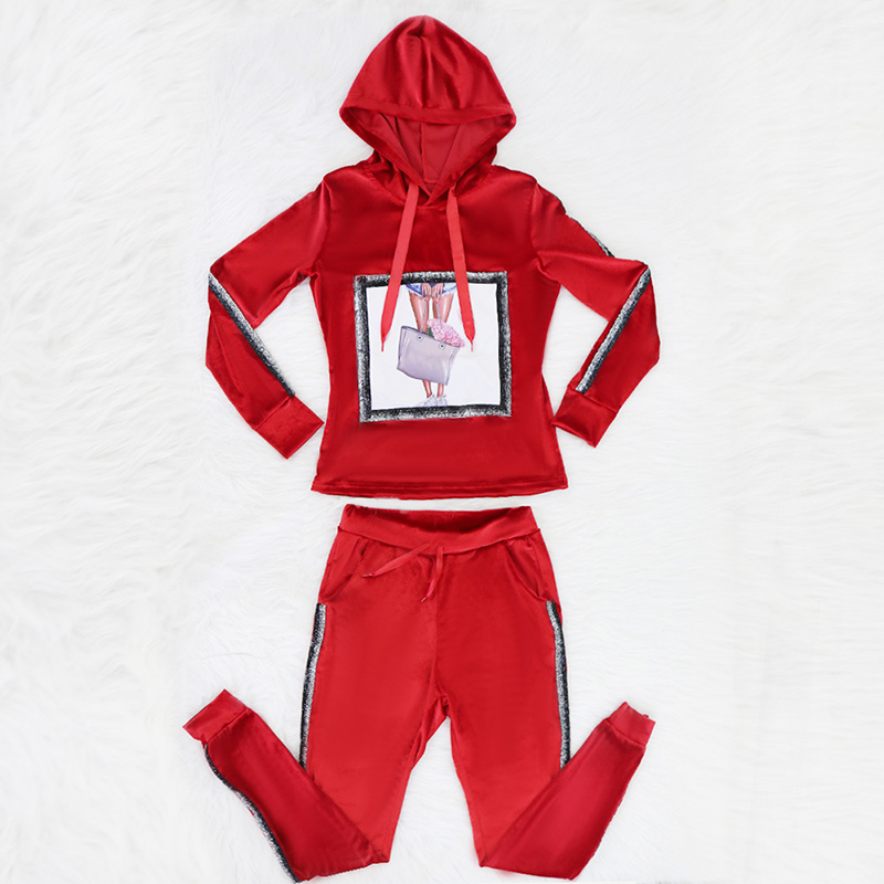 TWO PIECE SET Velvet Women Velour Tracksuit Hoodies Jogger Pants Patchwork Sweat Suits Pattern Sweatsuit Street Warm Winter 2 pc T200916