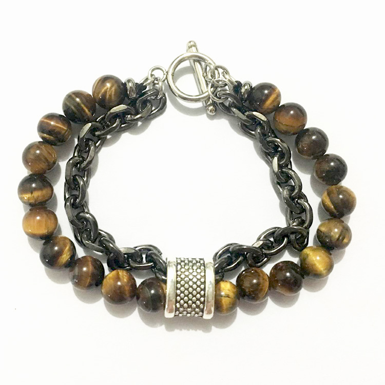 Natural Map Tiger Eye Howlite Stone Men's Beaded Bracelet Stainless Steel Chain Link Bracelets Bangle Male Jewelry