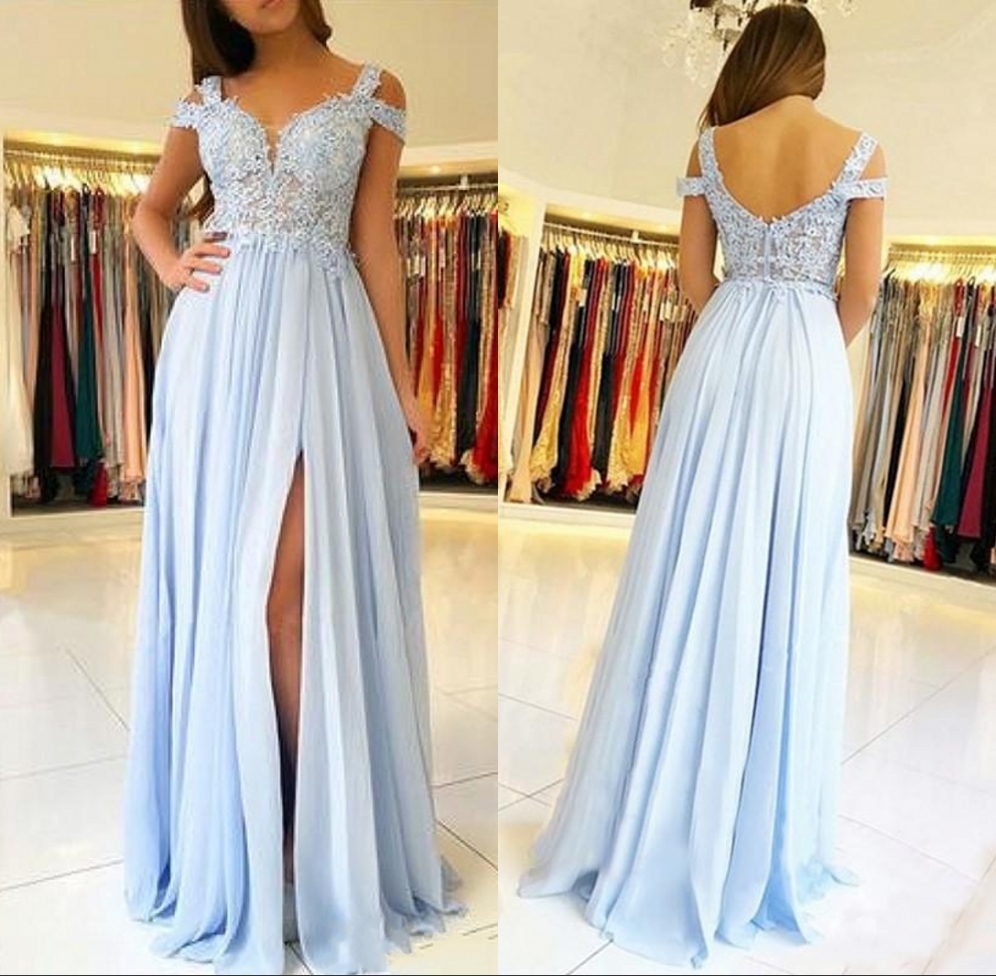Sky Blue Bridesmaid Dresses With Side Split Off The Shoulder Lace Appliques Chiffon Wedding Guest Dresses Maid Of Honor Gowns