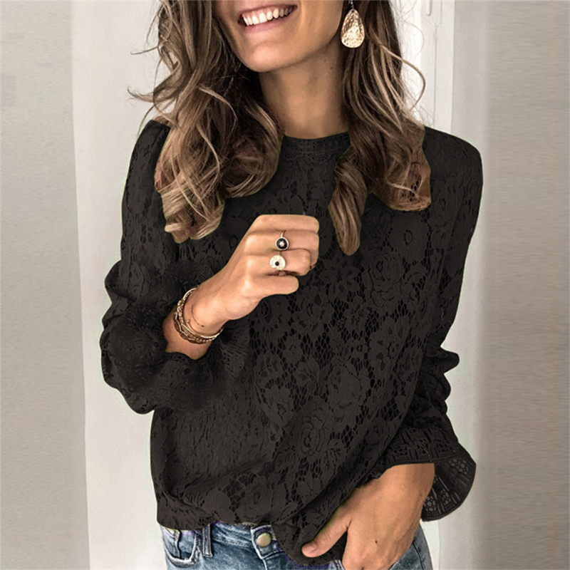 Spring Summer O-Neck Floral Lace Shirt Female Elegant Flare Long Sleeve Blouse Shirts Sexy Women Hollow Out Mesh Blusa Tops XXXL 200924