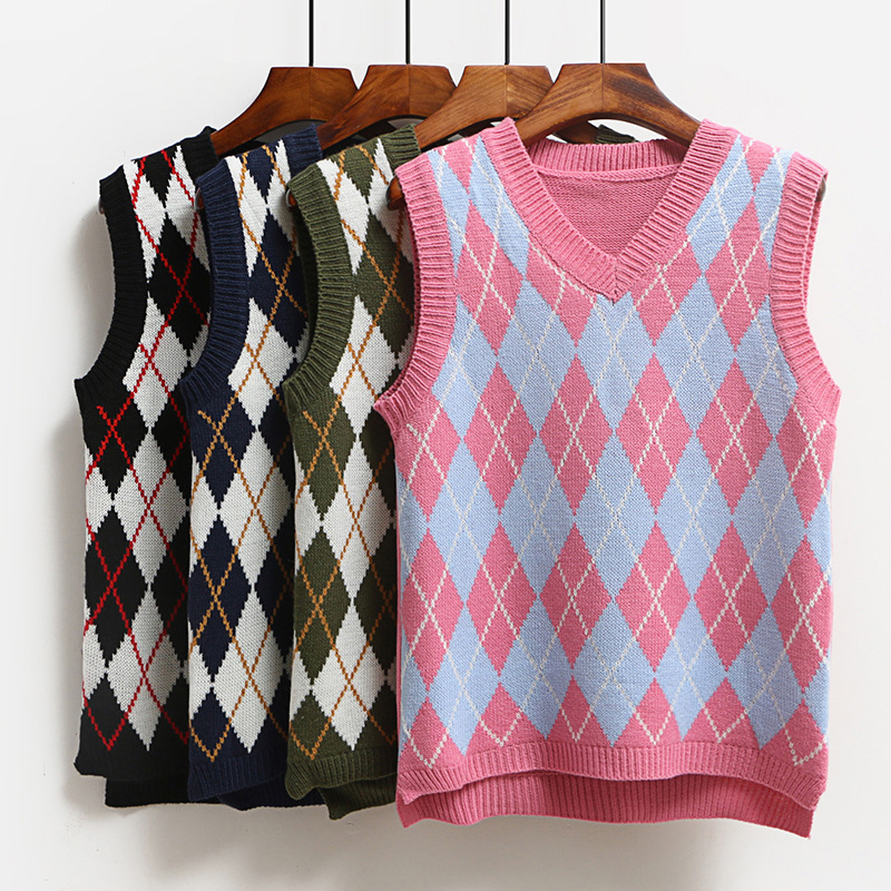 Sweetown Argyle Plaid Pink Sweet Knitted Sweater Vest Female Preppy Style Y2K Clothes V Neck Casual 90s Knitwear Autumn Winter 200924