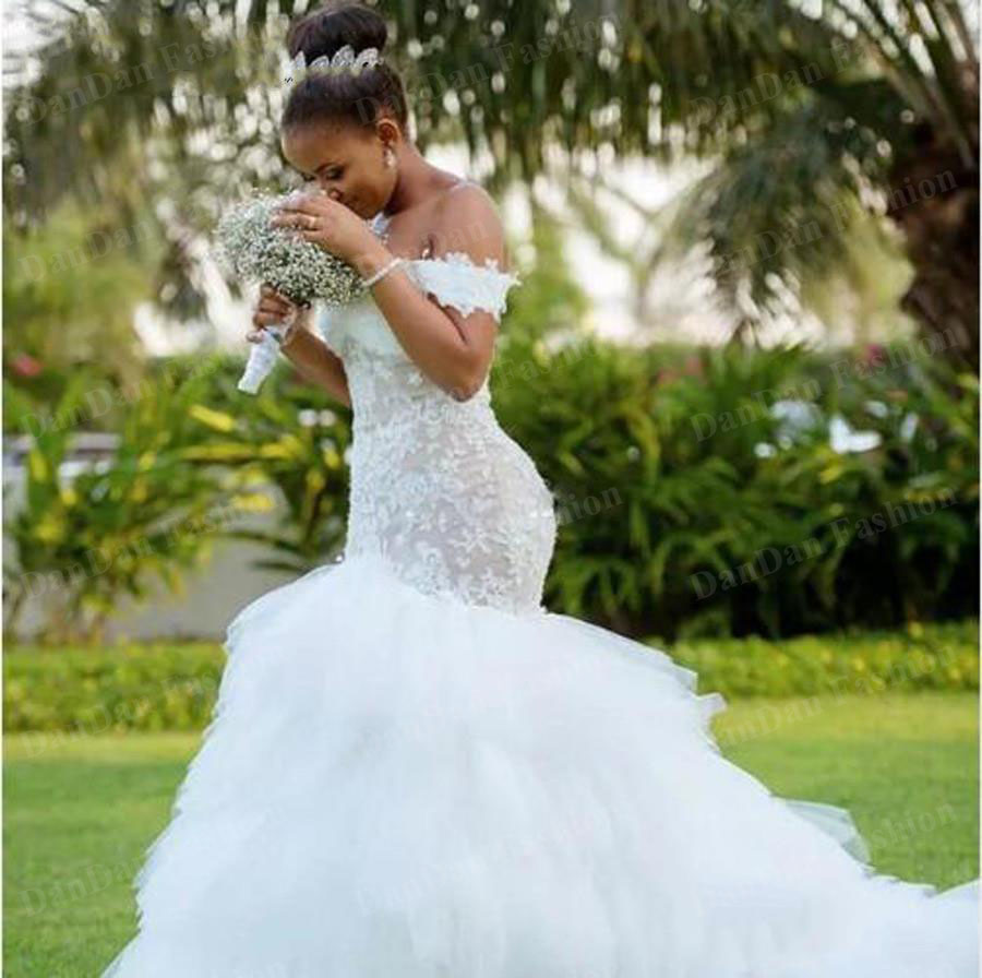 2020 Lace Off Shoulder Mermaid Wedding Dresses sweetheart Applique Puffy African Arabia Plus Size Bridal Gown Bride Dress New Arrival