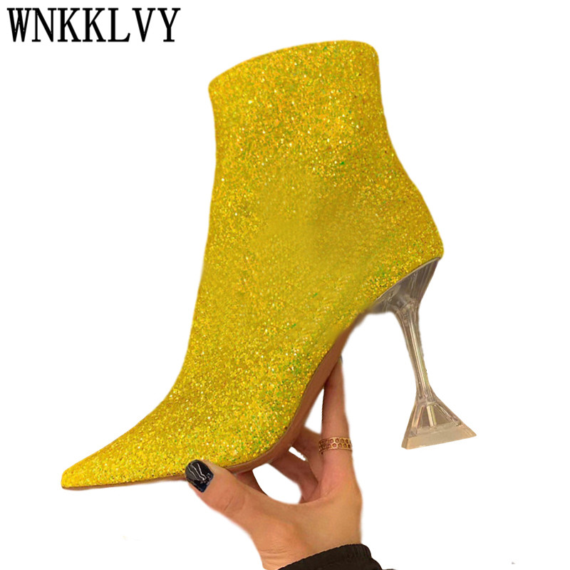 

Sexy crystal cup high heel ankle boots women pointy toe sequined short boots female Runway design Bling bling Glittery shoes, Black