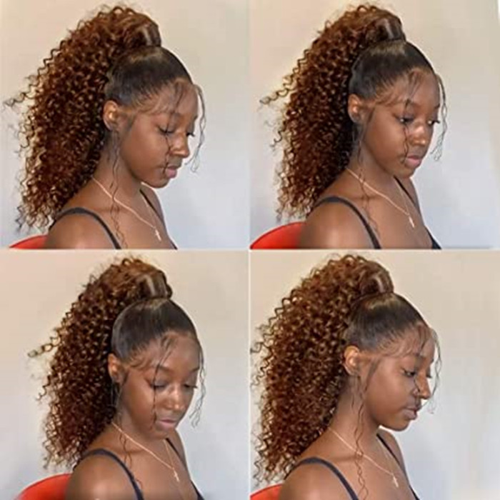 14 Inch auburn Short Curly Wave Ponytail Extension Drawstring Hair Bun Extension clip in wraps pony tail Hairpiece for Women